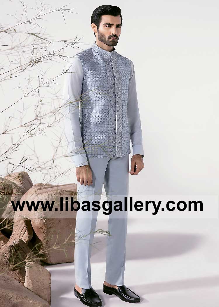Hasnain Lehri Ice Blue Men Waist coat with Geometric and Floral hand Embroidered Pattern on Front Closure and Band Collar UK USA Dubai Australia Canada