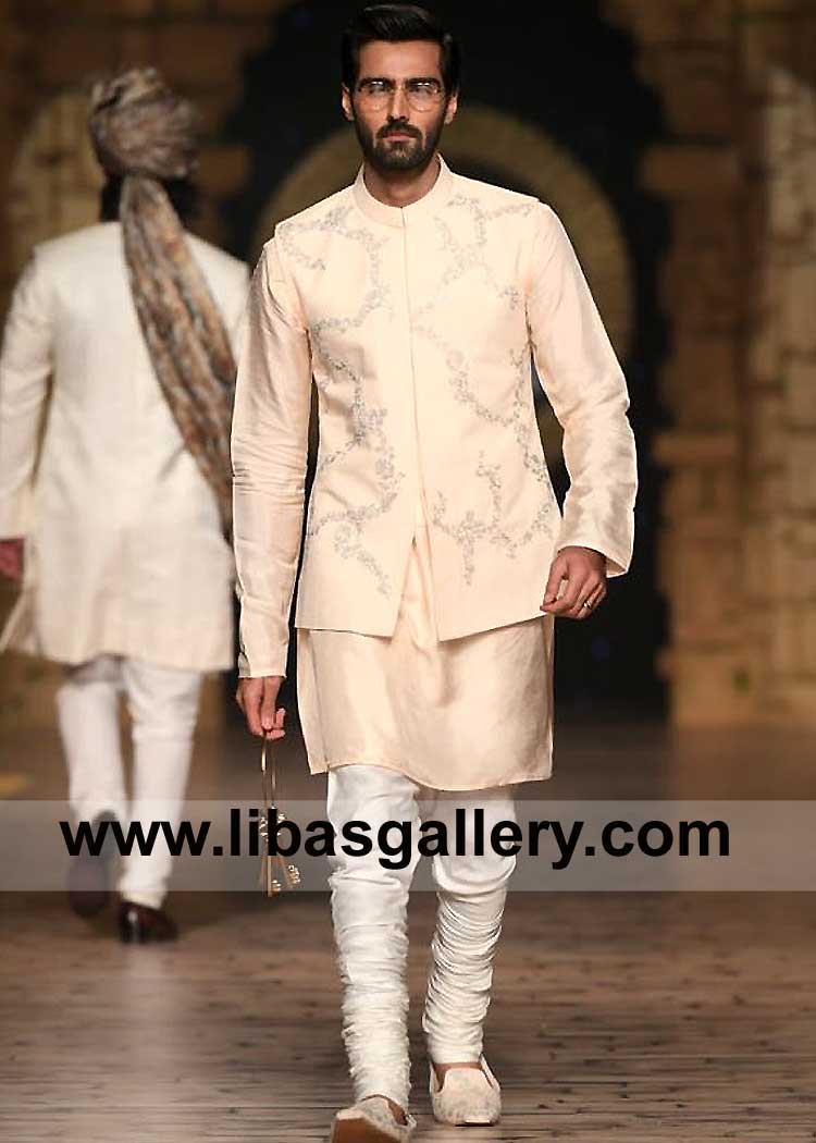 light Peach Men Embroidered Unique Style Waist Coat with Silver Gold Embroidery compliment with Matching Inner kurta pajama London California Toronto Dubai