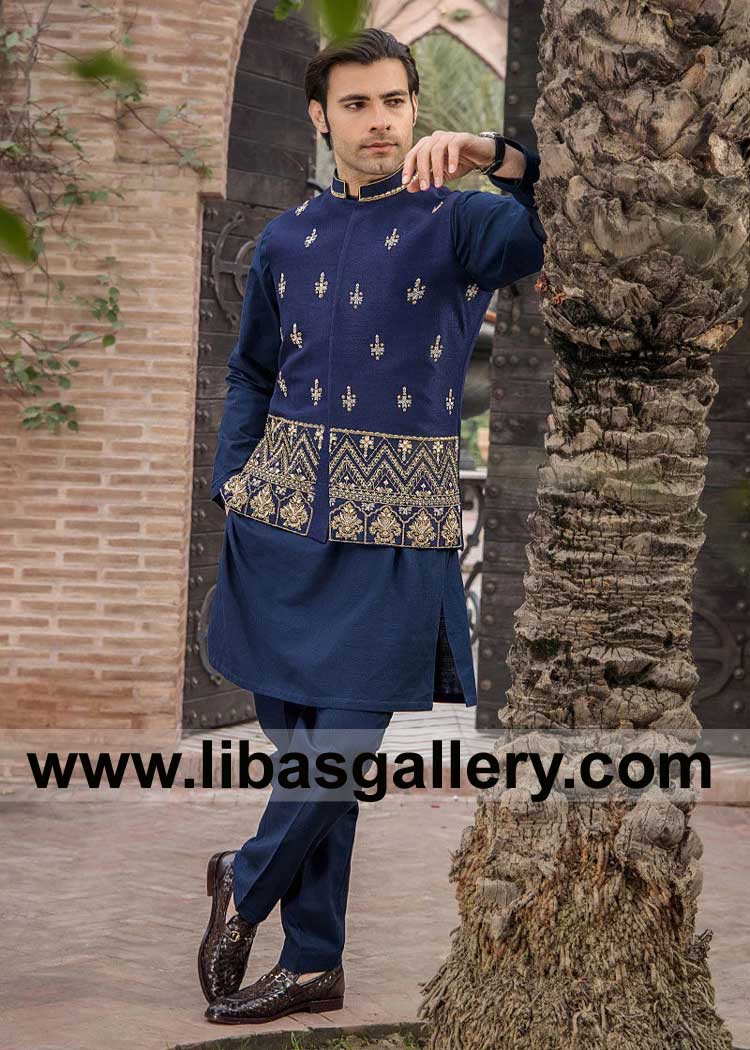 Navy Blue Raw Silk Waist coat with Japanese cut dana and thread hand embellishments paired with matching inner San Diego San Jose San Francisco USA Navy Blue Raw Silk Waist coat with Japanese cut dana and thread hand embellishments paired with matching inner San Diego San Jose San Francisco USA