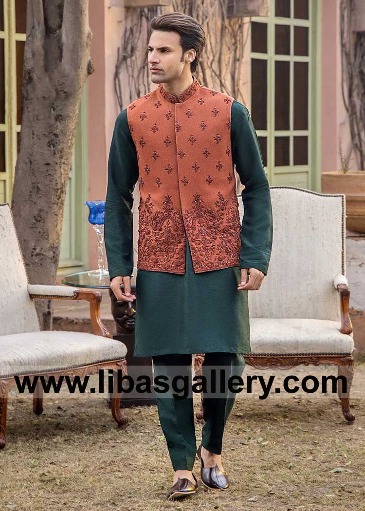 Burnt Orange Karandi Waist Coat combination of the rich color and expert handiwork results in a waistcoat Burnt Orange Karandi Waist Coat combination of the rich color and expert handiwork results in a waistcoat