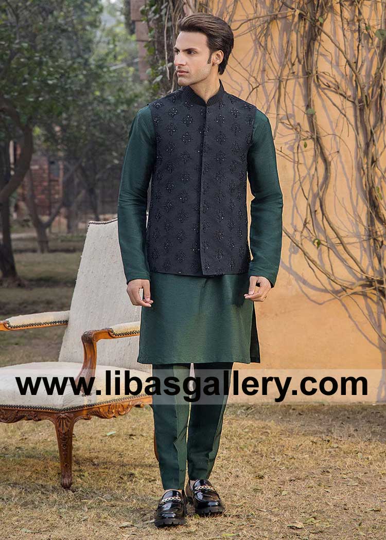 Premium Black Raw Silk Waist coat Style with Kora Dabka Fancy hand embellishment paired with Dark Green Kurta Pajama California Illinois Texas USA Premium Black Raw Silk Waist coat Style with Kora Dabka Fancy hand embellishment paired with Dark Green Kurta Pajama California Illinois Texas USA