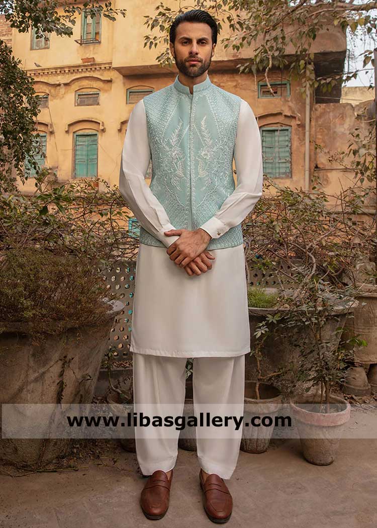 Embroidered ice blue waistcoat suit for men occasion and wedding party with white thread embroidery and soft linen kurta shalwar Tucson New York California USA