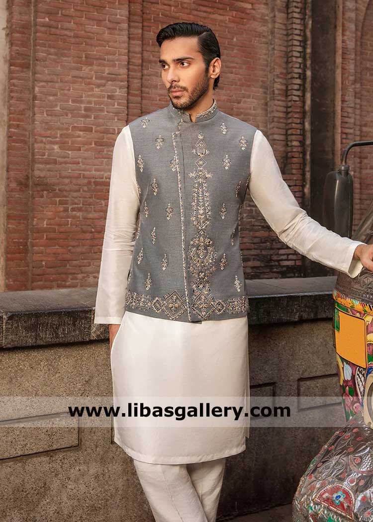 Elevate your style by Gray waistcoat suit with kora dabka hand work fancy paired with soft linen kurta shalwar suit white Perth Liverpool Toronto UAE