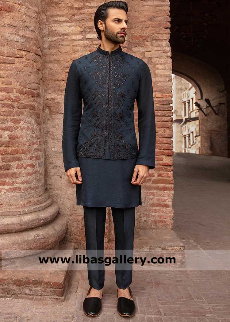 Navy blue thread and sequins embroidered waistcoat, Modern waistcoat for gentleman in raw silk UAE Saudi Arabia Canada UK USA