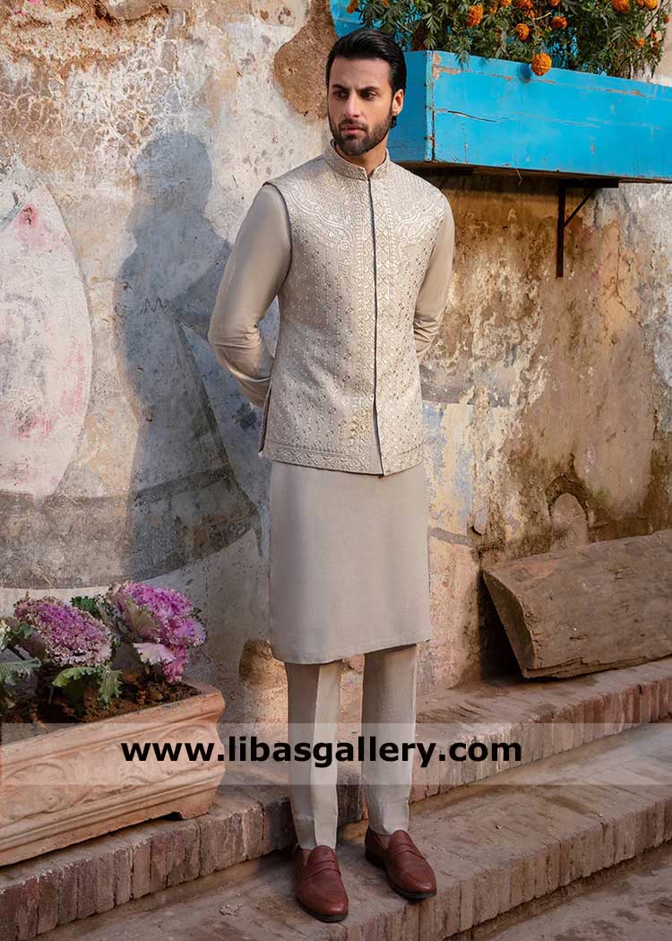 Waistcoat in sandy gray tone with embroidery by thread and sequins on Korean fabric with Karandi kurta shalwar matching Bristol California Dubai