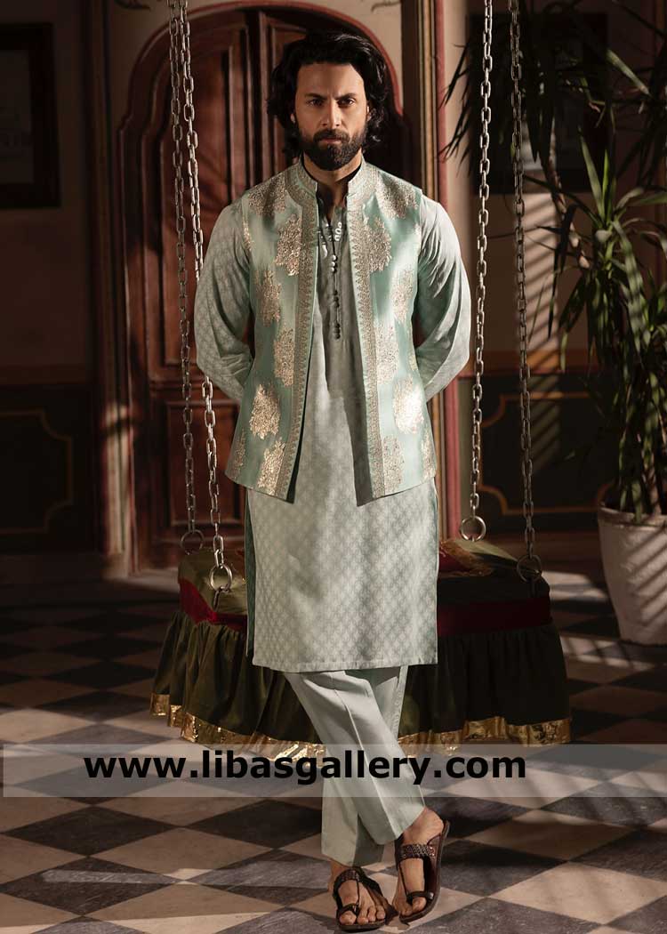 Waistcoat Teal Blue embroidered for Men, Party and Occasion embroidered Waistcoat, Pure Tissue Silk Waistcoat Detroit Denver Colorado USA