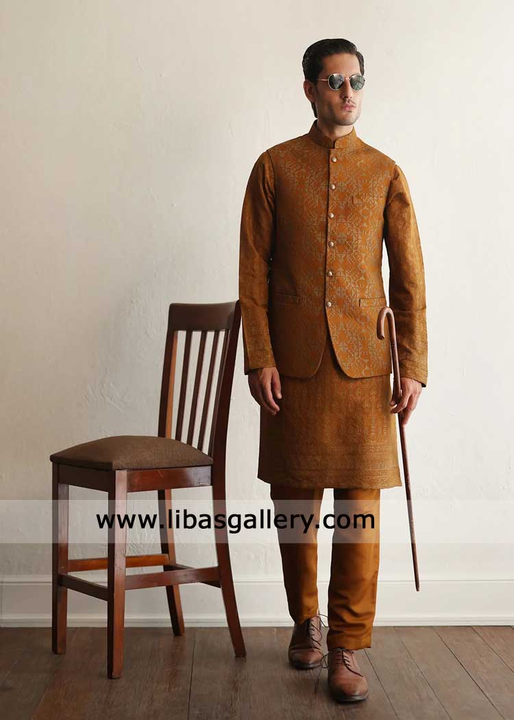 Waistcoat Mustard heavy embroidered for men with kurta Pajama Dubai