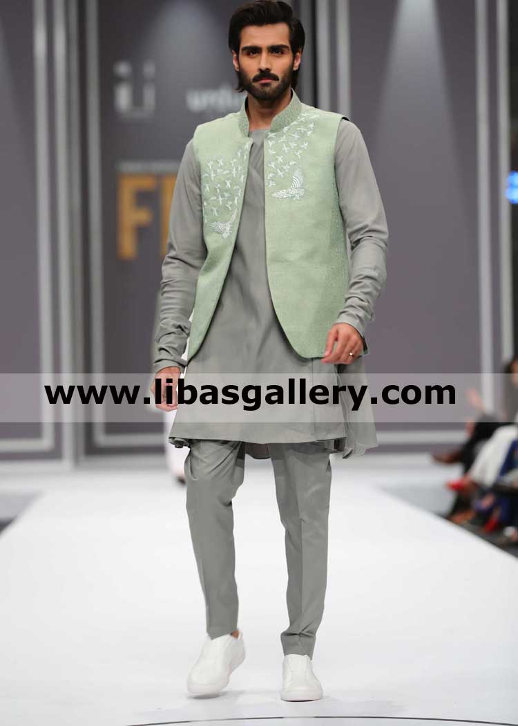 hasnain lehri wearing jamawar light green waistcoat white embroidery beautiful on both panels custom made article for wedding season france dubai qatar