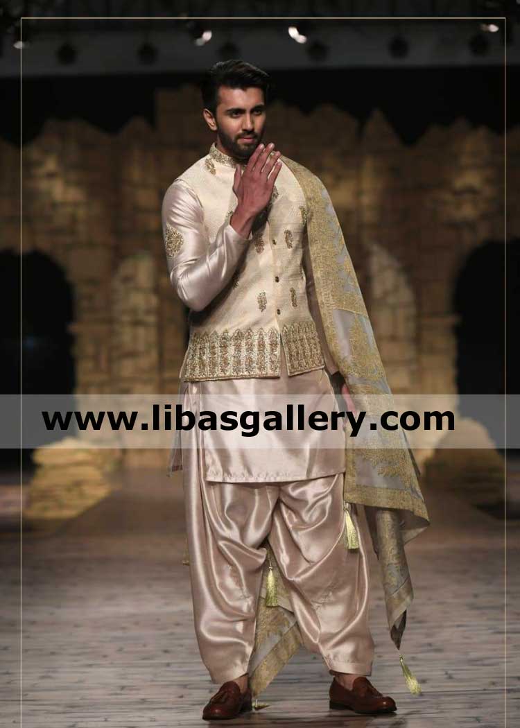 Gents light shade beautiful raw silk embroidered wedding sleeveless coat embellishment on collar front and kurta arm Connecticut Puerto Rico West Virginia USA