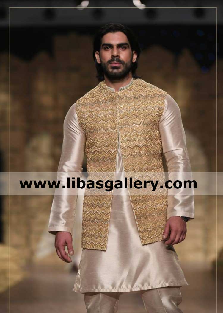 sea waves style heavy embroidery on gents wedding sleeveless coat nikah and friend wedding day with kurta pajama raw silk Australia Canada Saudi Arabia