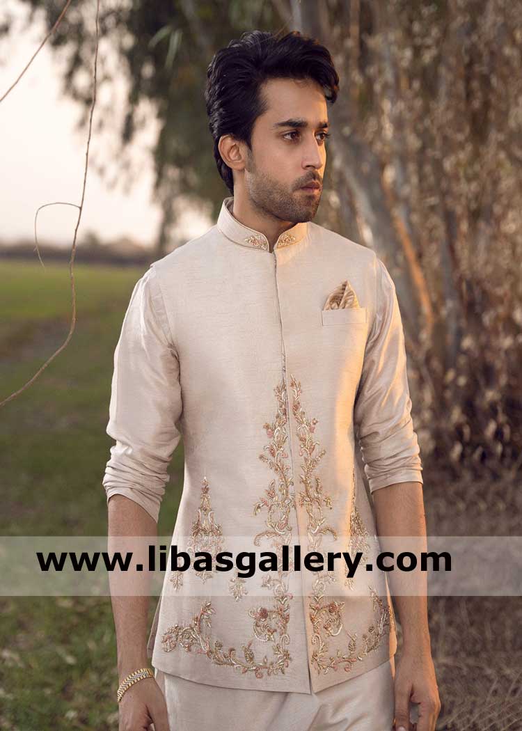 Neatly Raw silk Tibetan Jasmine structured male wedding waistcoat embellished with floral vines bilal abbas actor modeling germany kuwait qatar