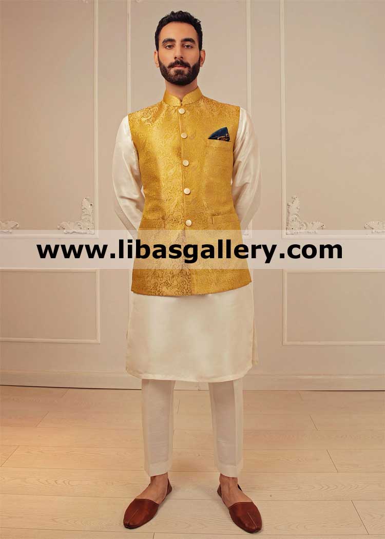 well fitted jamawar banarsi lime green gents waistcoat over a crisp inner suit kurta pajama summer season wedding new Mexico Minnesota Louisiana USA