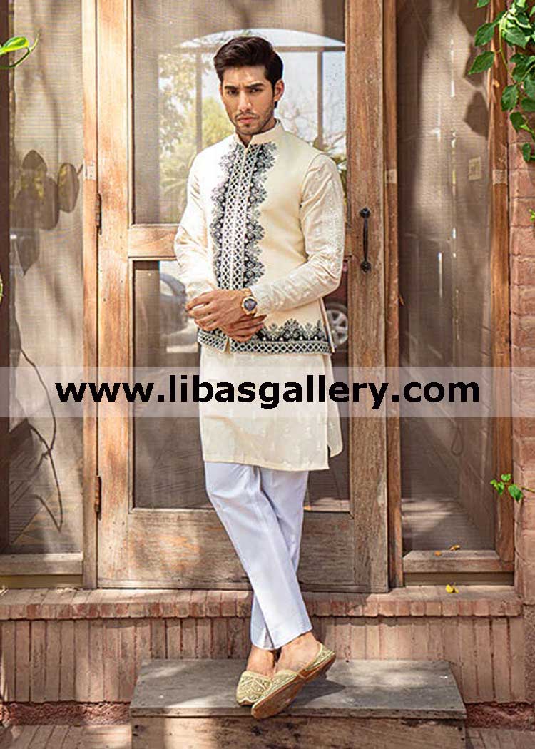 Black Spout ivory karandi Waistcoat suit with  black contrast embroidered border on front and hem of waistcoat order online saudi arabia dubai australia