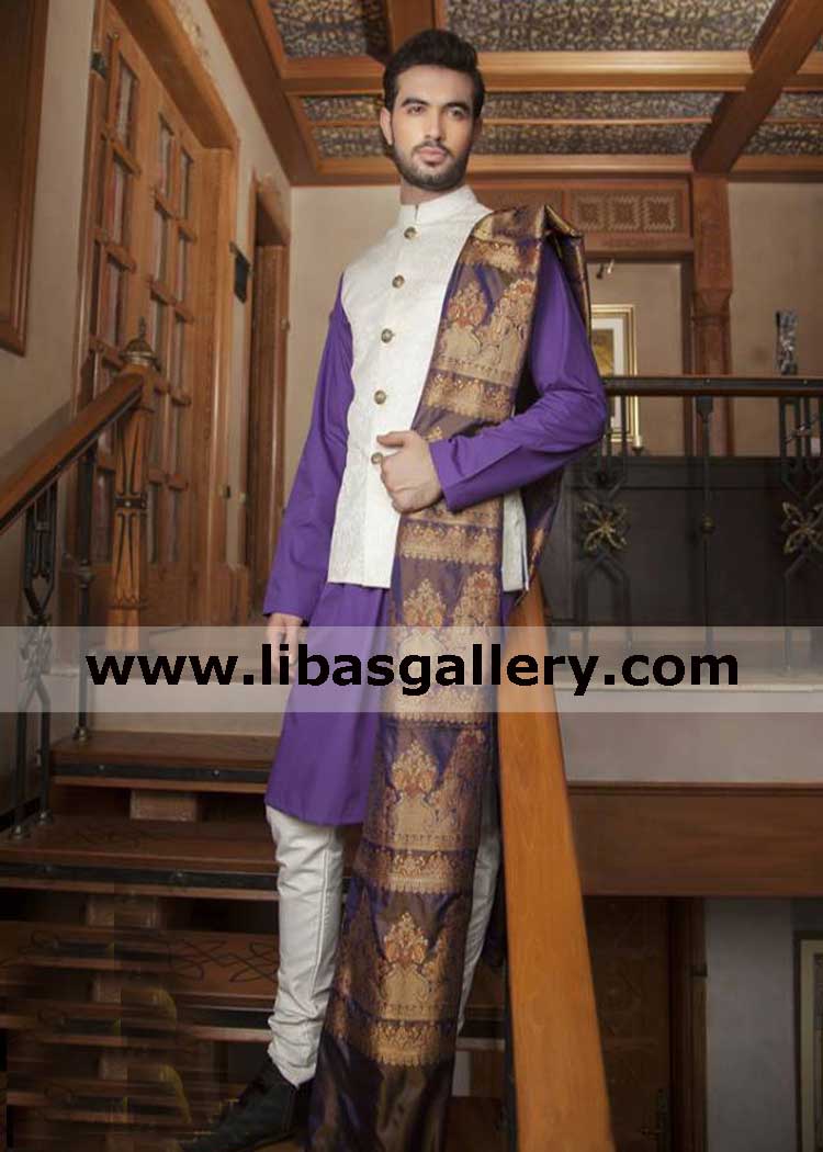 smart man standing on stairs in Jamawar white executive style waistcoat with purple kurta pajama pair shop online mens wear dubai france germany