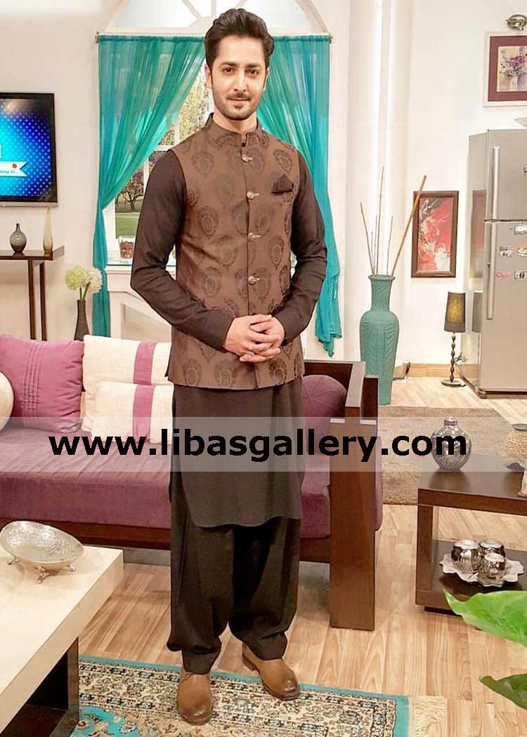 Danish taimoor smiling in latest brown jamawar waistcoat article with matching kurta shalwar place order for custom made vest qatar saudi arabia kuwait