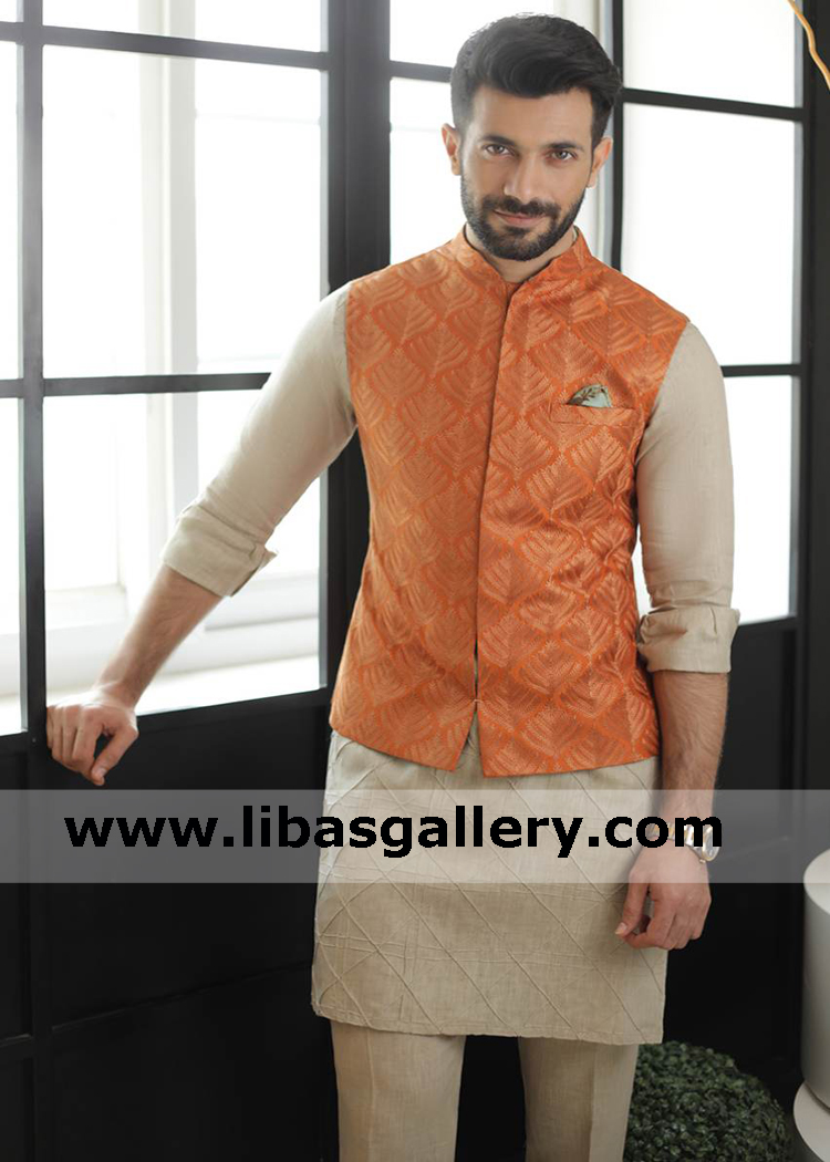 Raw Silk embroidered Rust Waist Coat With inner Kurta and trousers for friend wedding and occasion toronto montreal vancover canada