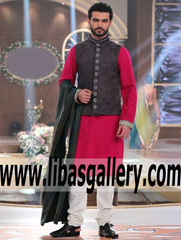 Jamawar men waist coat with pink inner kurta with cuff embroidery and white pajama for mehndi and nikah UK Saudi Arabia France