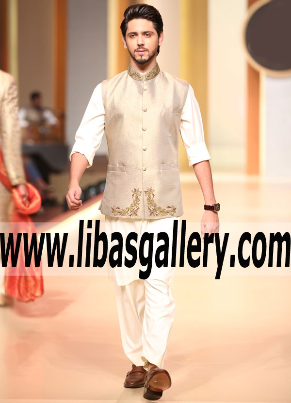 light gold jamawar waistcoat suit for men embroidery in gold antique color on front panels and collar best fitting superb stitching fast delivery worldwide qatar saudi arabia oman