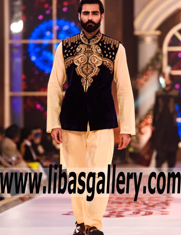 hasnain lehri wearing black designer embellished waistcoat suit with kurta pajama sleeveless designer vest on best deal price uk usa canada