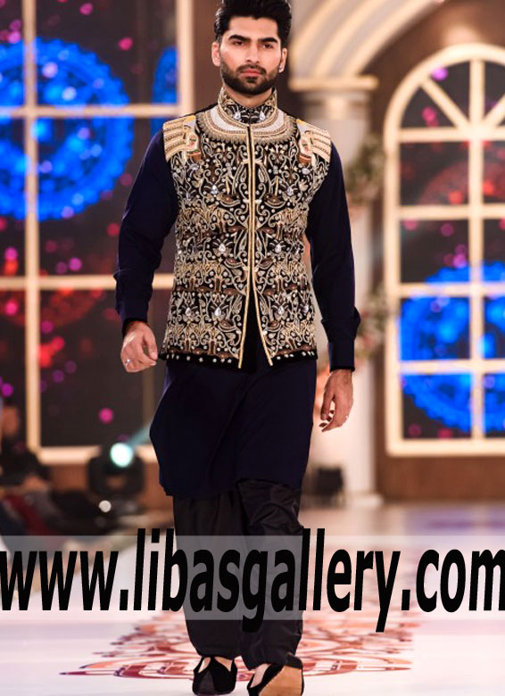 black heavy thread embroidered mens waistcoat for wedding paired with matching kurta pajama shop online scotland england america