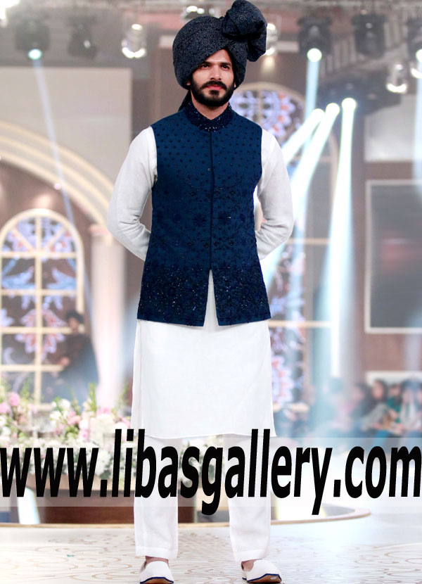 dark blue waistcoat with same color embellishment on front panels and collar true fit for barat nikah time uk spain sweden