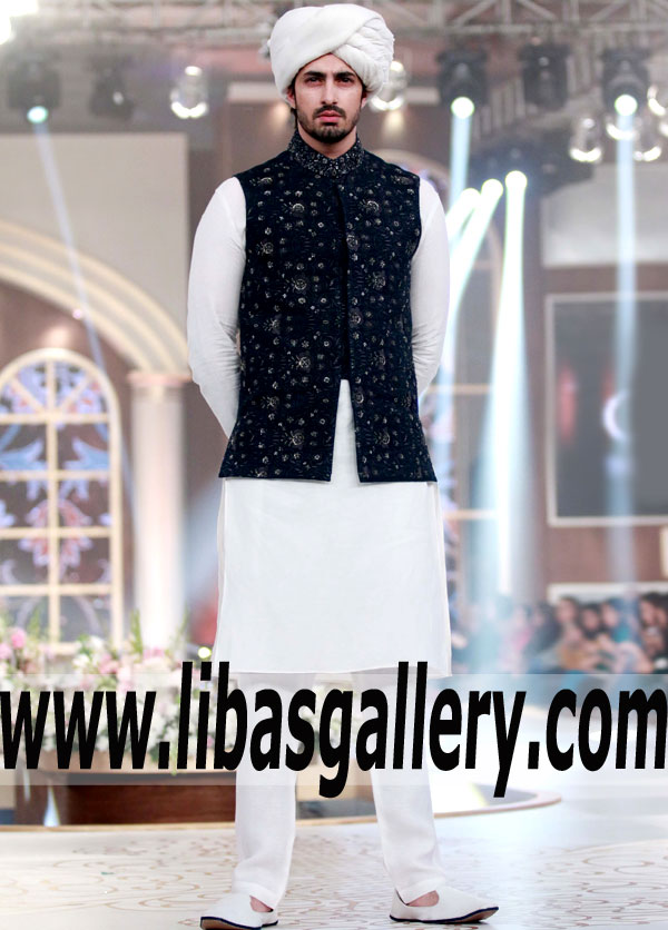 black embroidered waistcoat for mens mehndi and nikah event off white embroidery compliment with off white kurta pajama suit asia america europe qatar