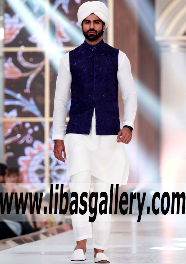 indigo groom barat embroidered waistcoat suit with white kurta pajama and pretied turban uk usa canada dubai qatar