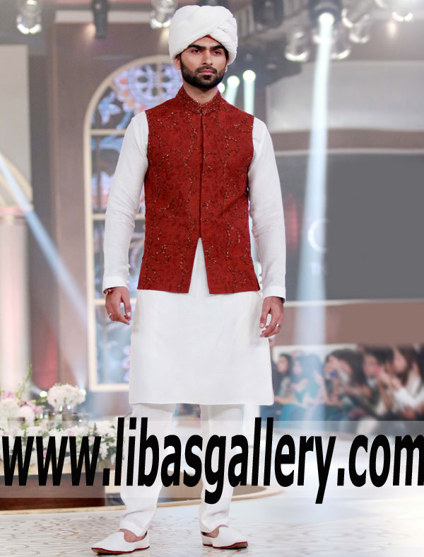 vivid aubum color mens waistcoat suit for nikah mehndi wedding events in self jamawar banarsi fabric france saudi arabia qatar