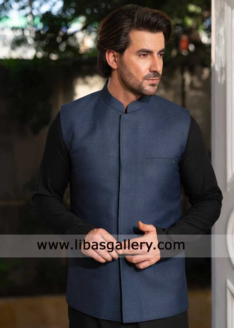 Navy blue waistcoat style for men to enjoy party event and business meeting to look sober paired with Black kurta shalwar UK USA Canada Dubai Australia Navy blue waistcoat style for men to enjoy party event and business meeting to look sober paired with Black kurta shalwar UK USA Canada Dubai Australia