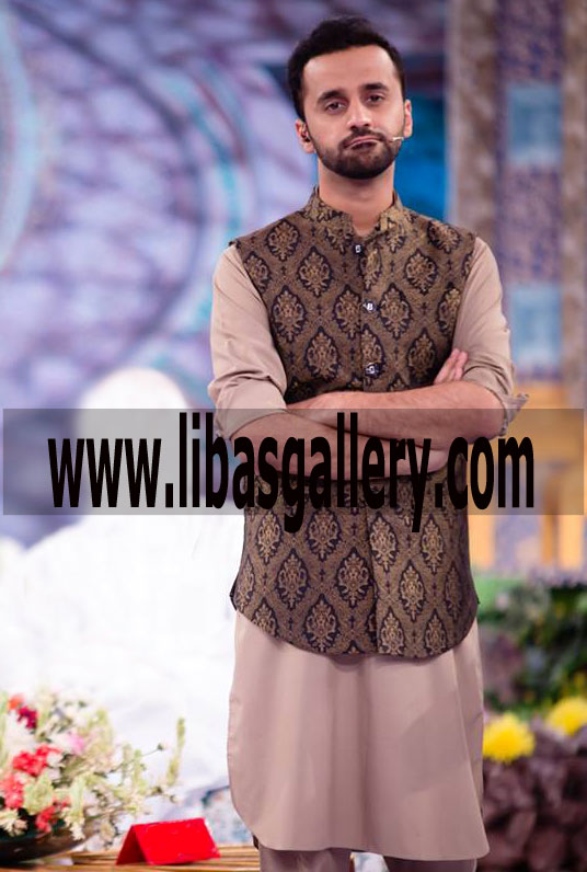 jamawar banarsi fabric stitched jamawar wasitcoat for mens to attend cultural event and mehndi function uk usa canada