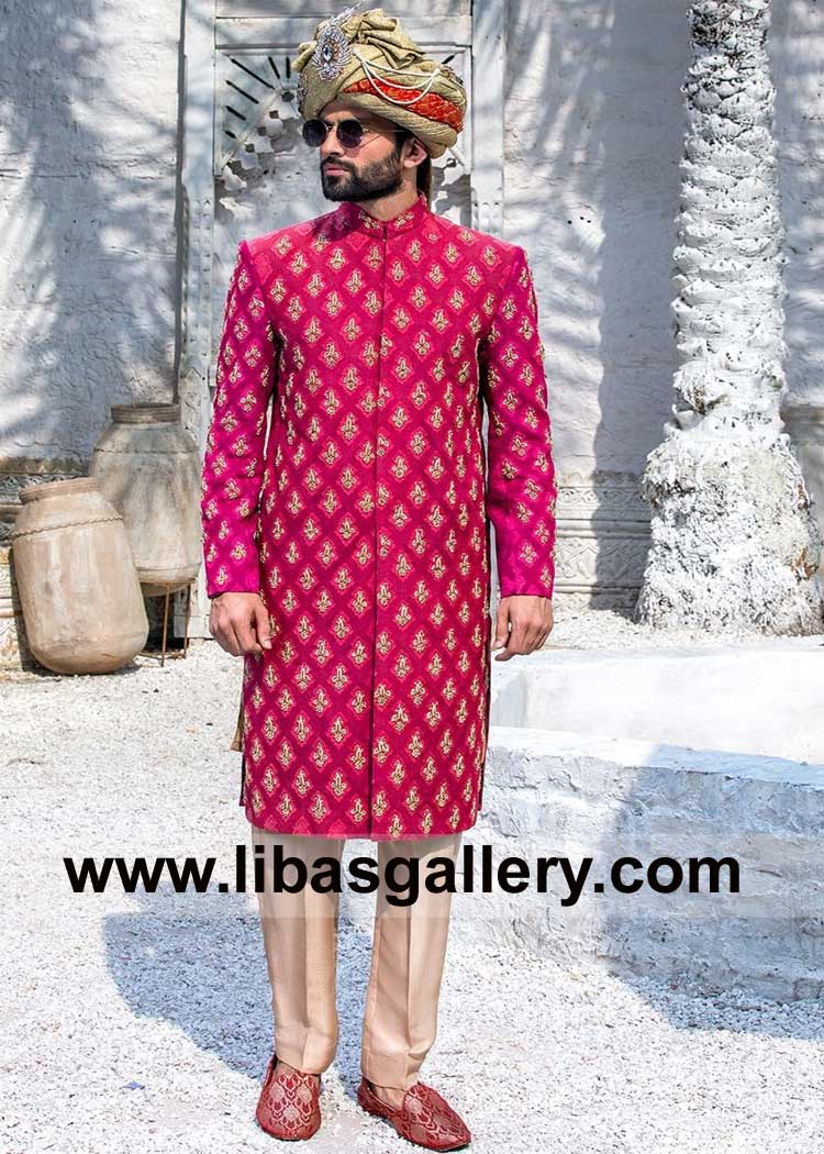 Groom Red Sherwani with Hand Embellished Motifs on front and hand work by kora Dabka Naqshi stones paired with Raw silk inner Bristol Sheffield London UK