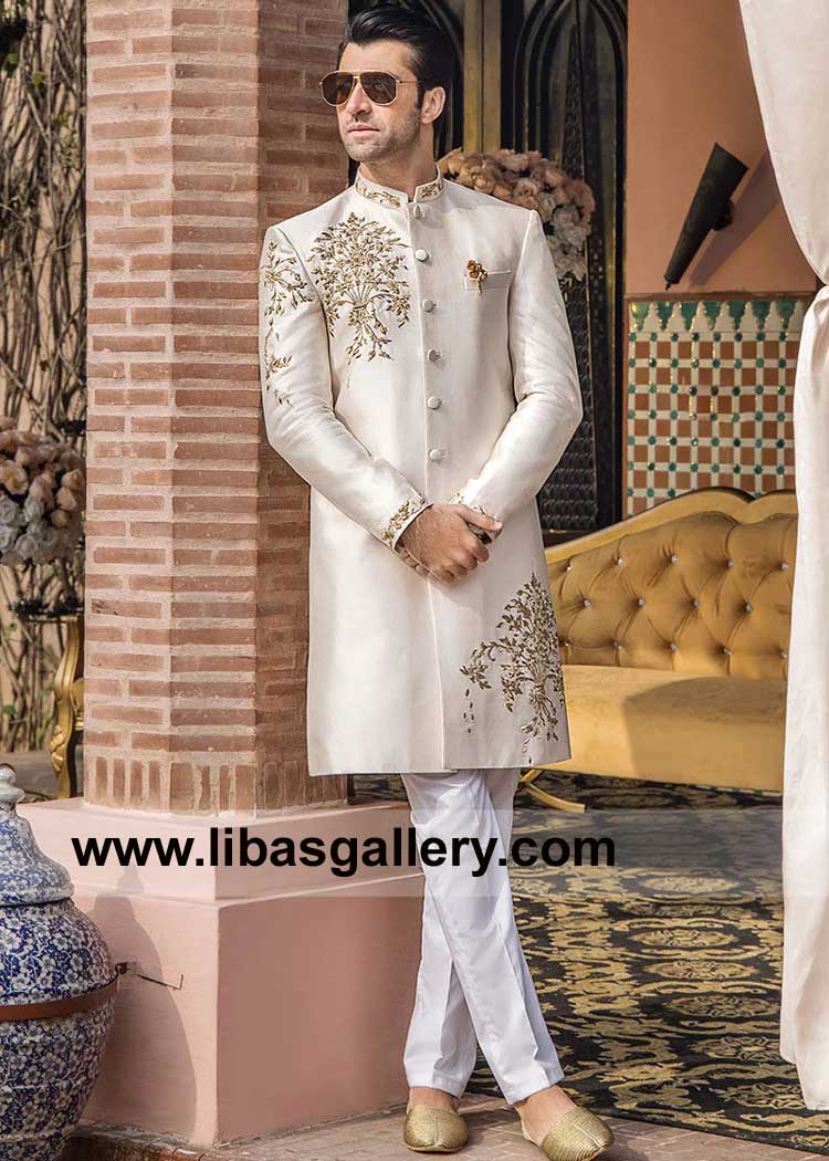 Pale Pink Hand Crafted Wedding Sherwani Janan for Groom Nikah Marriage Events Antique Gold work on Raw silk with Inner UK USA Australia Dubai