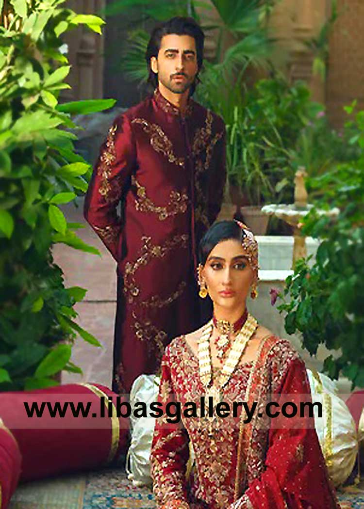 Exclusive Maroon Red Groom Sherwani for Wedding Nikah Ceremony having Rust Gold Regal Hand embellishment mesmerizing look London New York Toronto Sydney Dubai