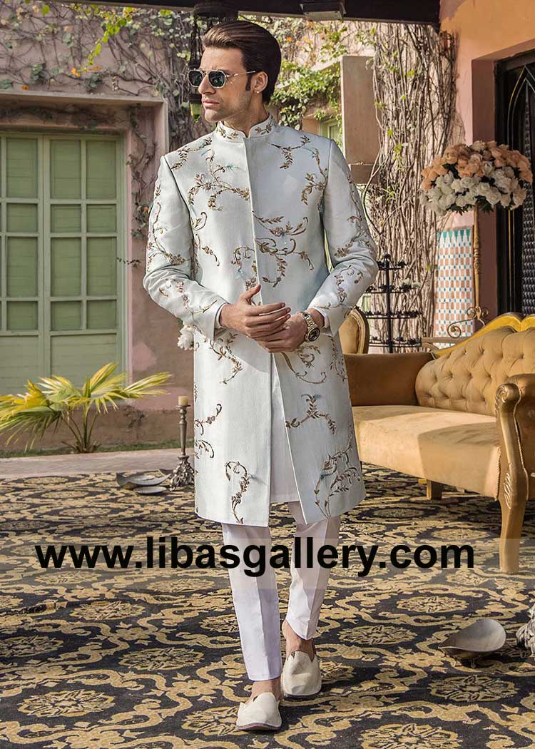 Presenting Ice Blue Men Hand Embellished by Kora Dabka Details Wedding Sherwani with Inner for Nikah and Occasions California Chicago New York USA