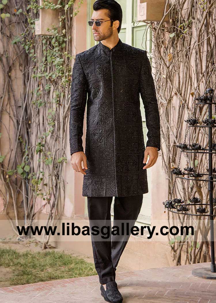 timeless masterpiece black hand embellished Nikah Sherwani Groom zardozi delicate work paired with black pants Canter bury Bristol London UK