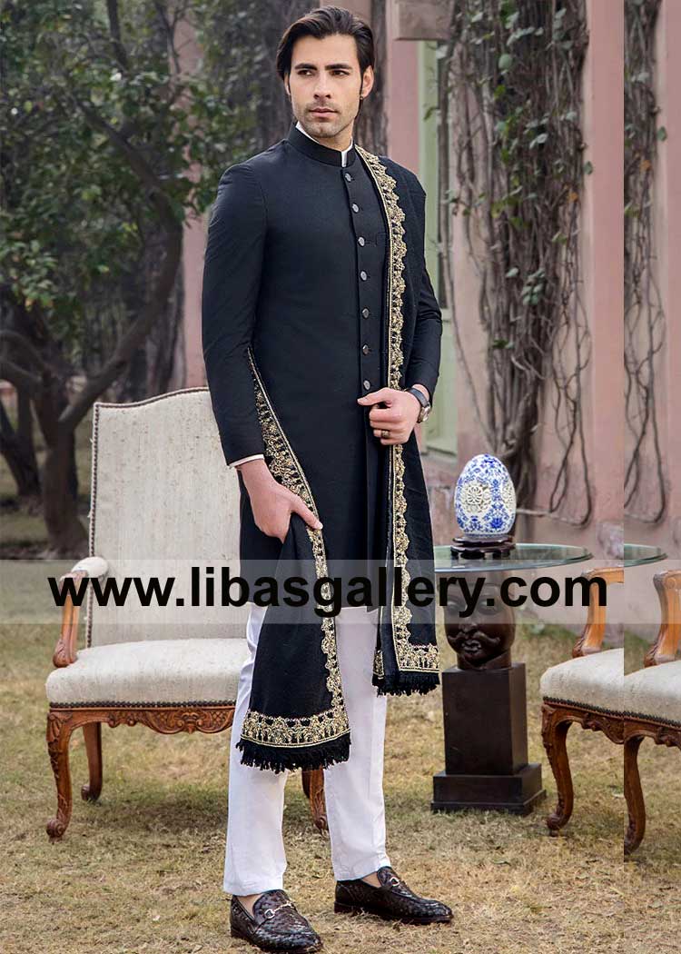 Black Stylish Men Sherwani in Tropical Suiting Fabric high quality add black gold embroidered shawl to hats off Wedding Guests SAn Antonio San Diego USA
