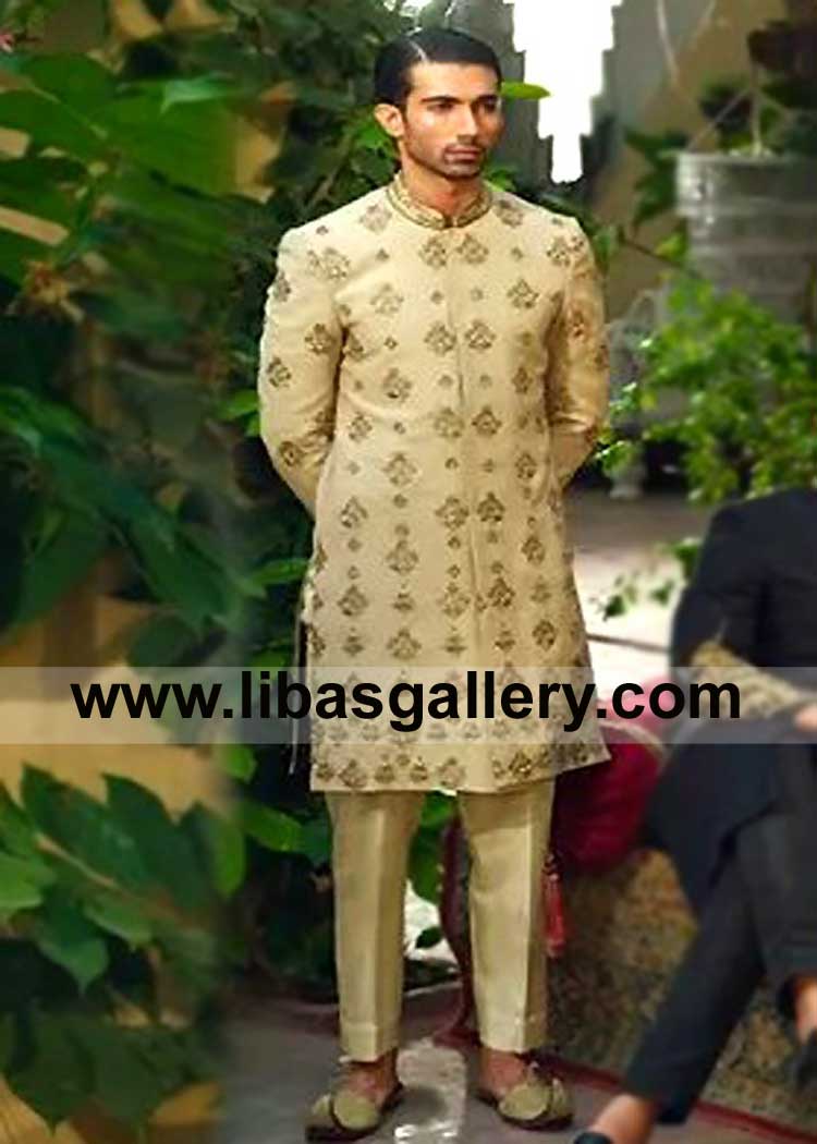 Beige Sherwani for Nikah adorned with fantastic hand embellishment on Collar and front paired with matching pajama and shoes Dallas Jacksonville USA