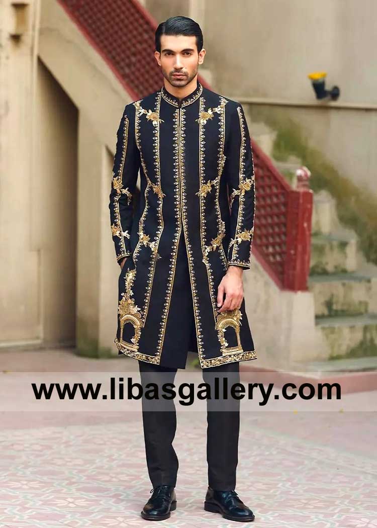 Black Sherwani for Men Nikah with Lavish adornment of intricate Gold work on Collar sleeves and Front paired with black Trouser Malaysia Singapore Australia
