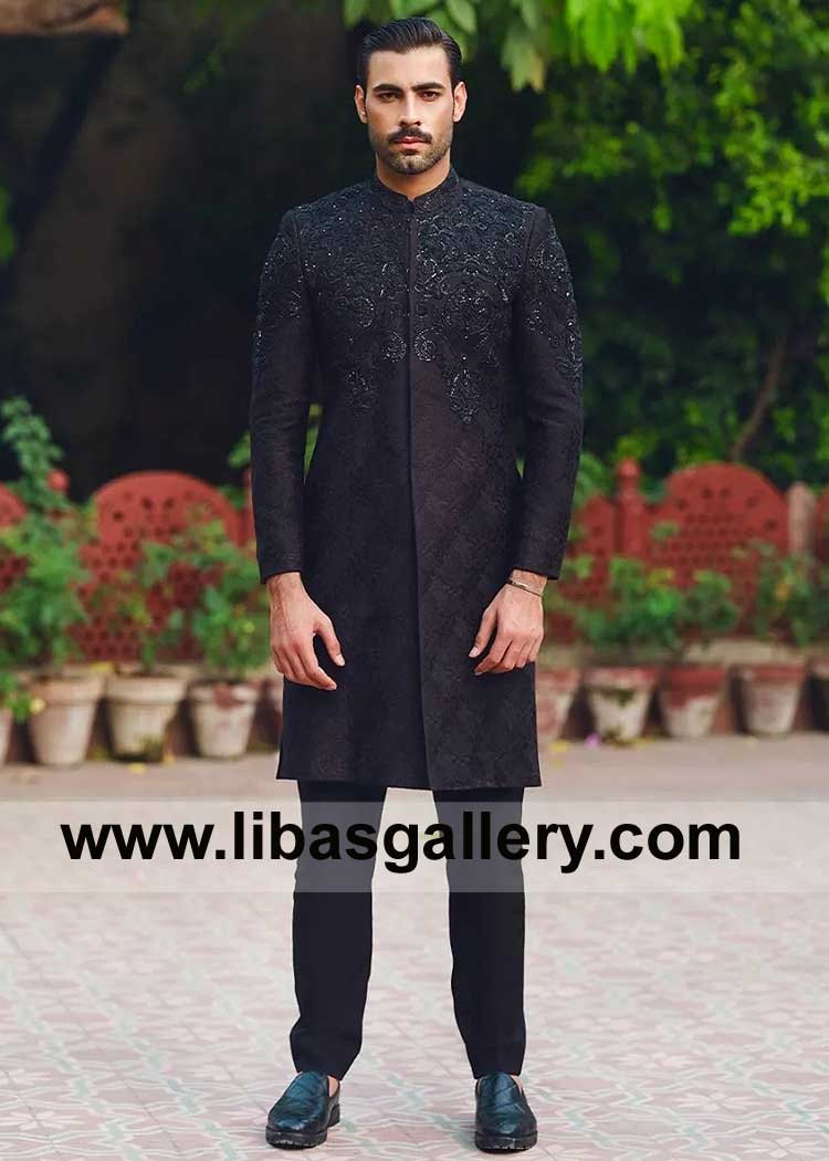 Aariz Men Sherwani Black Hued on Self Jamawar Fabric adorned with self hand embellishment on front paired with pants Boston Illinois Miami USA