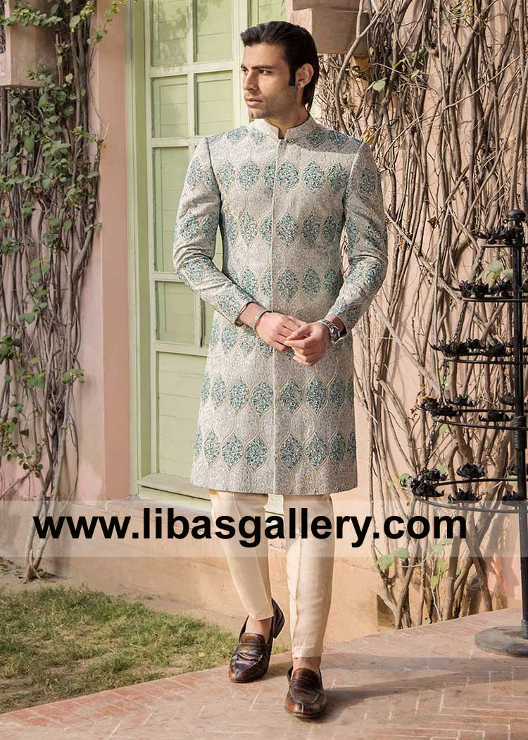 Introducing Ocians Aqua Color Groom Marriage Nikah Sherwani stunning piece very fine Kora dabka Zardozi Work Seattle Nashville Washington USA