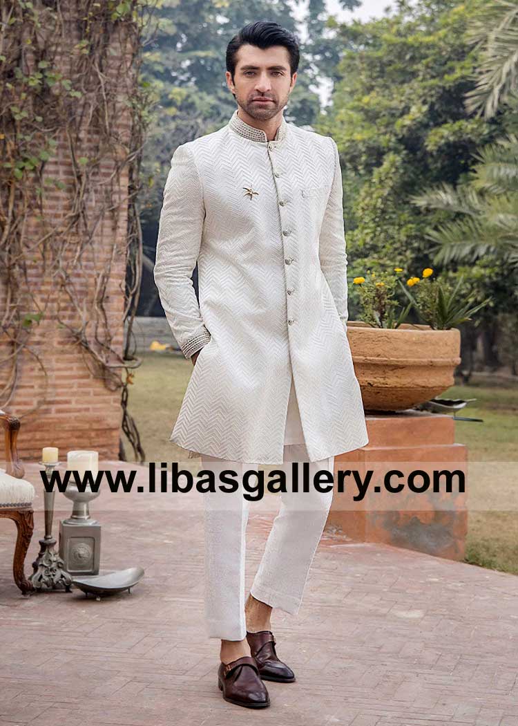 Make your wedding story in Off White Raw Silk Hand Embellished Wedding Sherwani with rich and luxury embellishment 