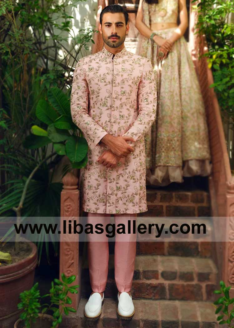 Big Day Signature Blush Pink hand Embellished Sherwani for Romantic Groom with Regal Gold work details