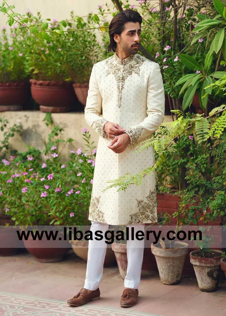 off-white sherwani timeless elegance adorned in dulled gold accents by Kora Dabka Sequins on collar front sleeves Colorado Atlanta Omaha Miami USA