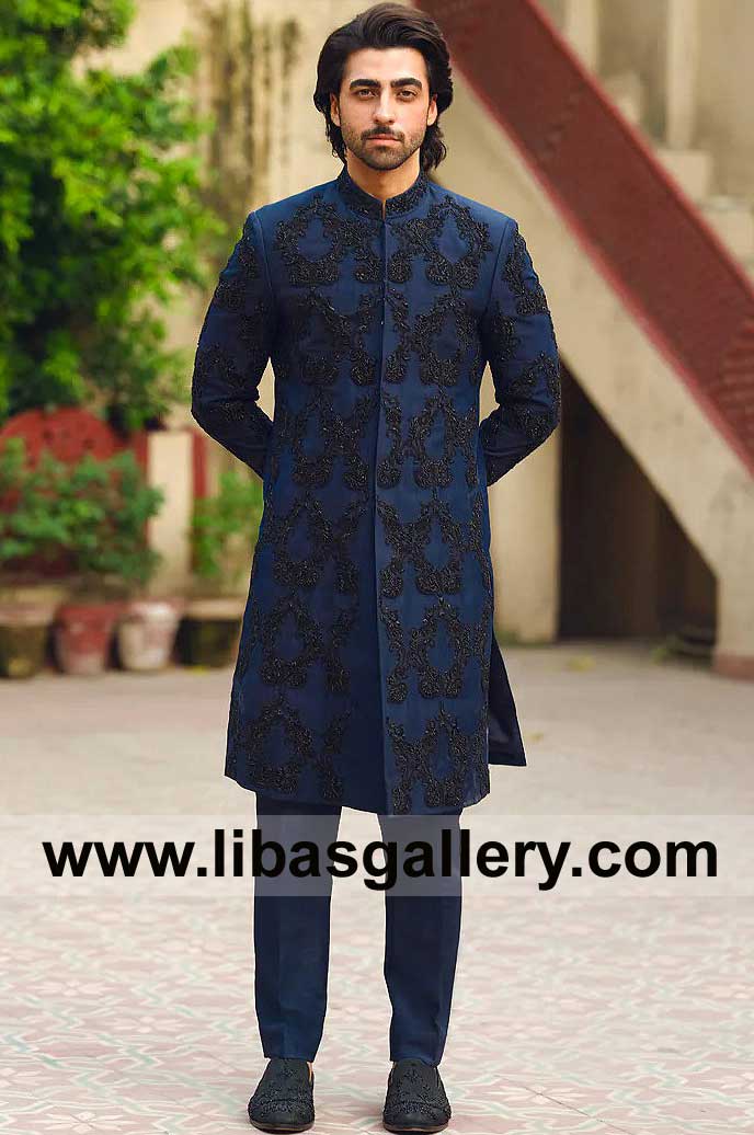 Dashing Navy blue Men sherwani for Nikah with Black Embroidery Pattern made on Luxury Raw silk paired with pants UK USA Australia Canada Dubai