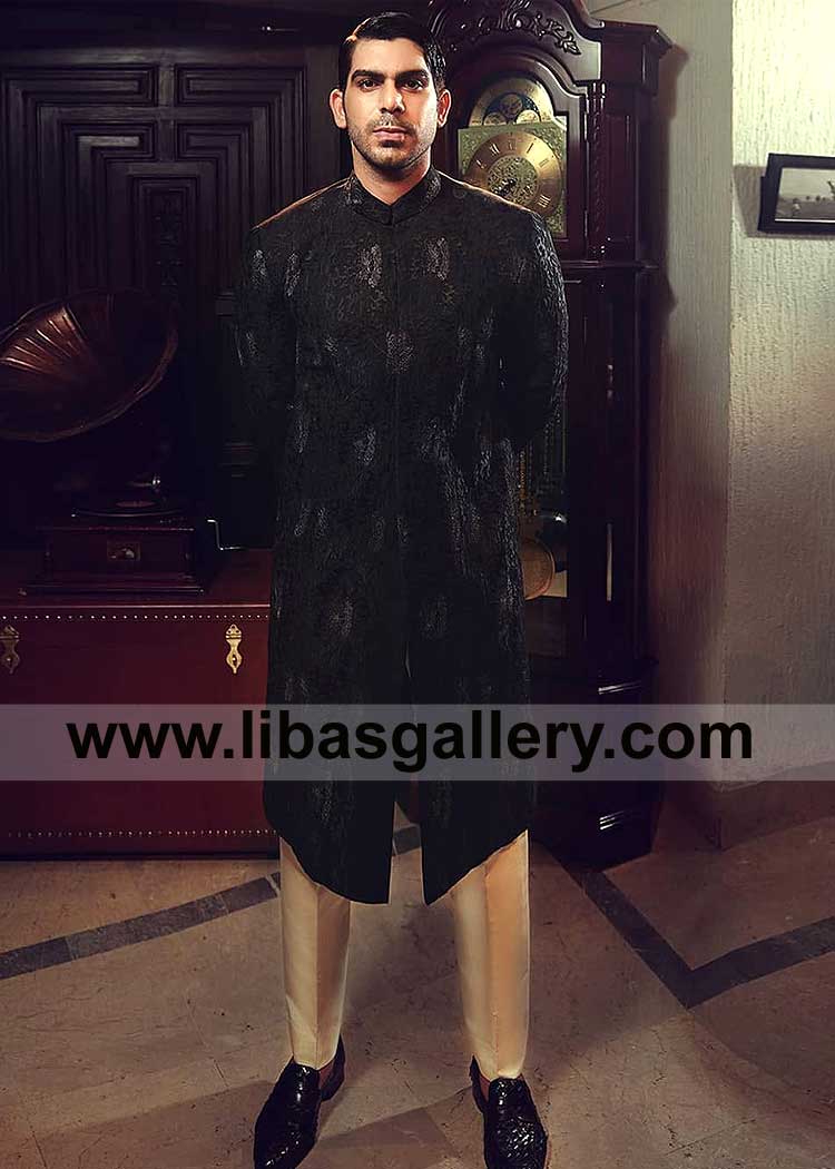 Black Signature hand Embellished Men Sherwani Style for Nikah Wedding day paired with inner suit nice quality soft feel Saint Paul Pitts Burgh Sugarland USA