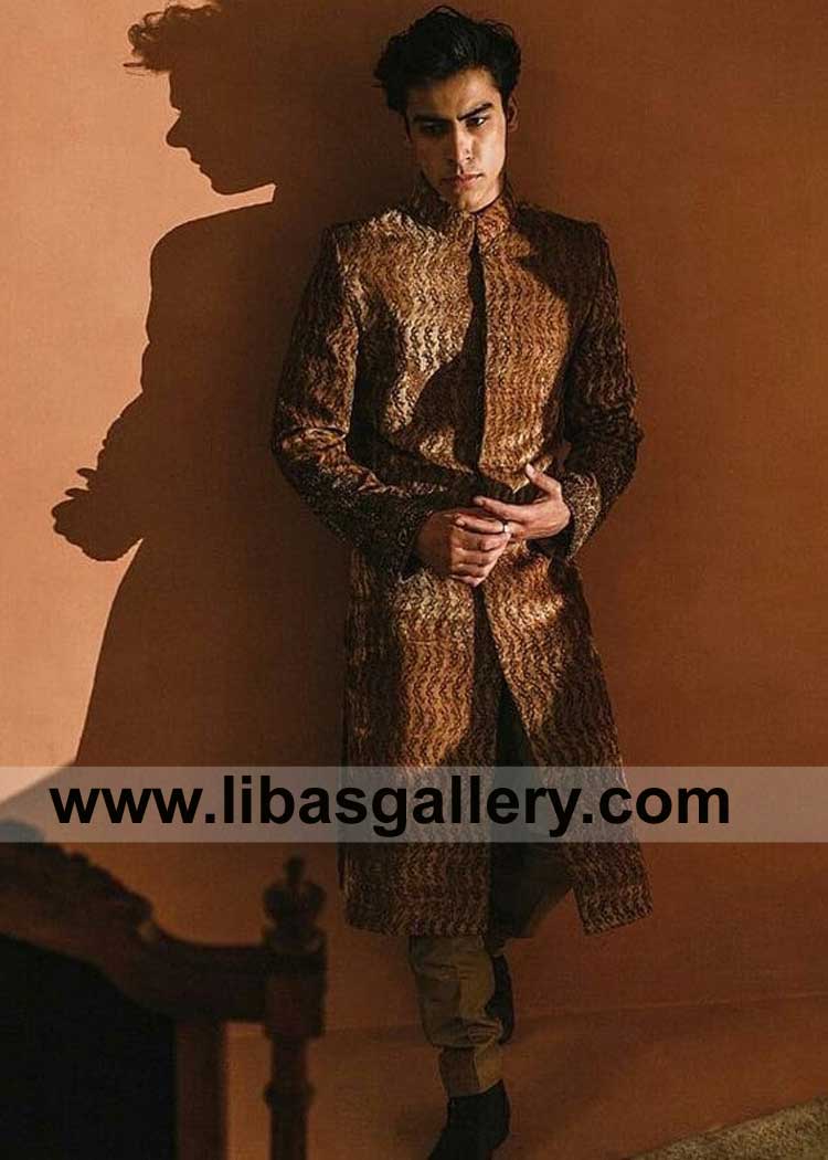 Timeless Copper Color Velvet Men Sherwani heavy hand embellished for Nikah Modern Charm paired with Inner Shirt Trouser 