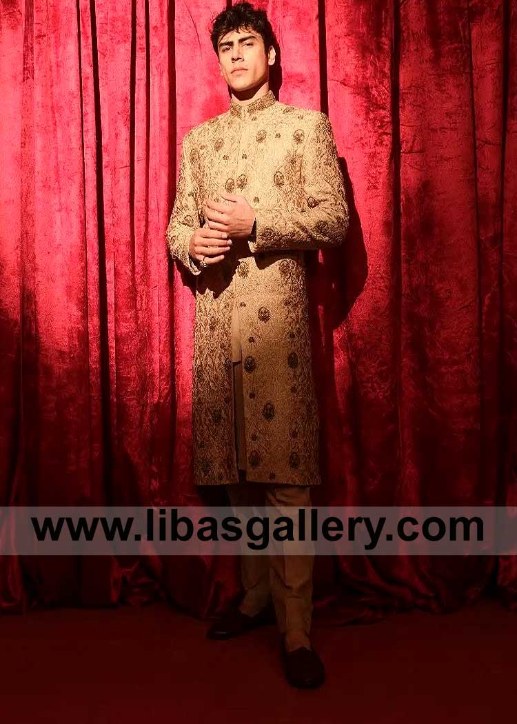 Genuine Gold Beige Raw silk Men Sherwani Style Unleash your elegance with a sherwani suit that commands attention Sheffield Southampton London UK,