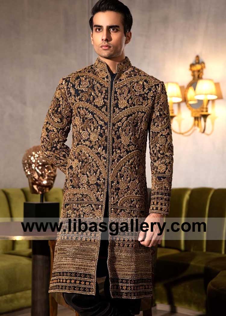 Rock your wedding day in a awesome black and gold hand embellished sherwani style and surprise the pretty bride same time UK USA Canada Australia
