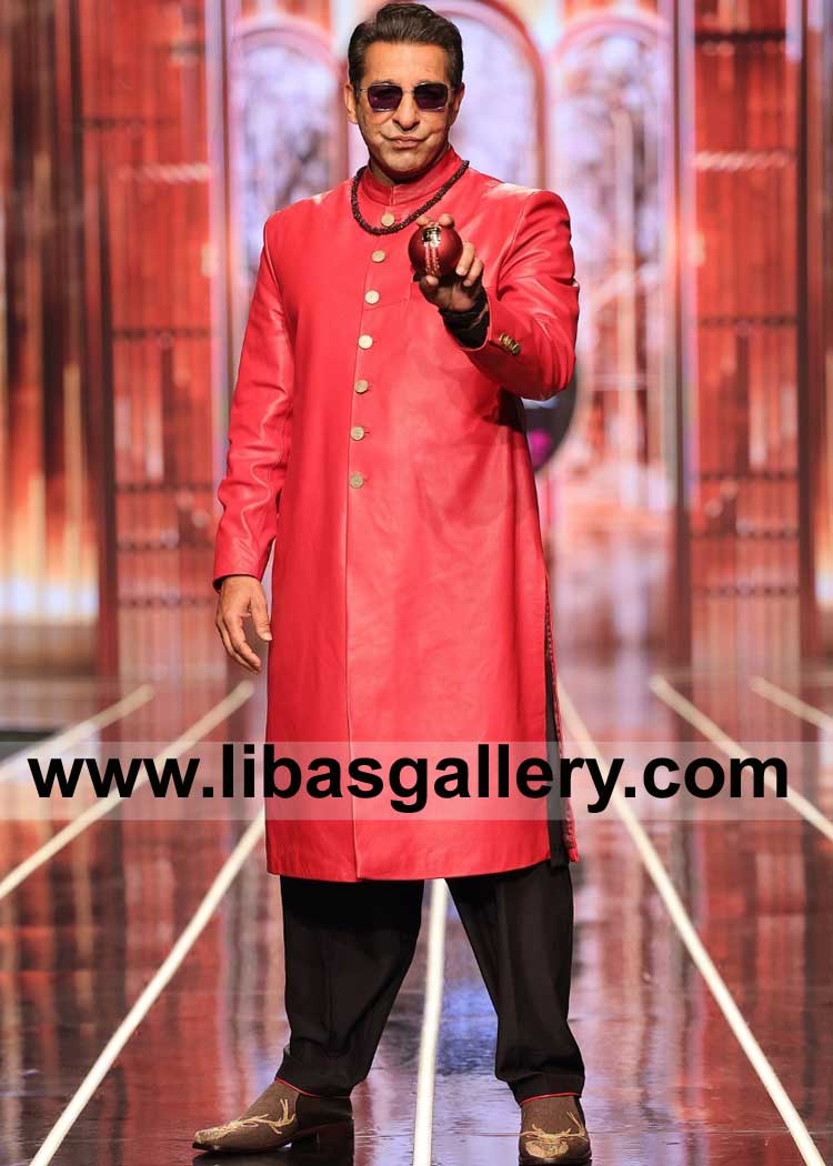 Deep Carmine Pink metal Button Sherwani Wasim Akram wearing in BCW Pakistan 2024 Ramp with Black Kurta Shalwar UK USA Canada Dubai Australia