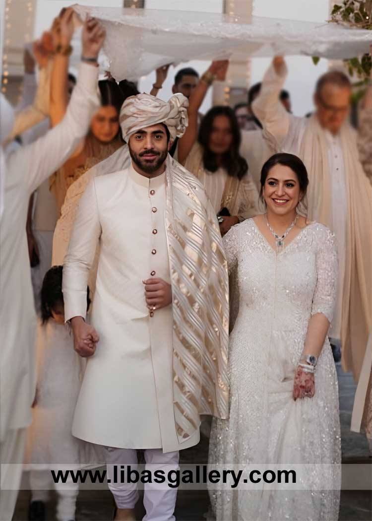 off white Sherwani on Nikah Ceremony with Turban and matching khussa Sheheryar Munawar wearing Texas London Dubai Sydney Vancouver